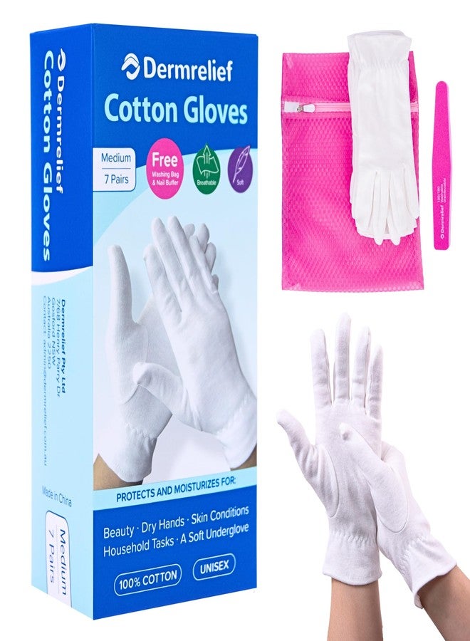 Dermrelief Cotton Gloves - for Beauty, Dry Hands, Eczema, Dermatitis and Psoriasis (7 Pairs) with Free Gifts (Professional Nail Buffer & Washing Bag) (Large) - Image 1